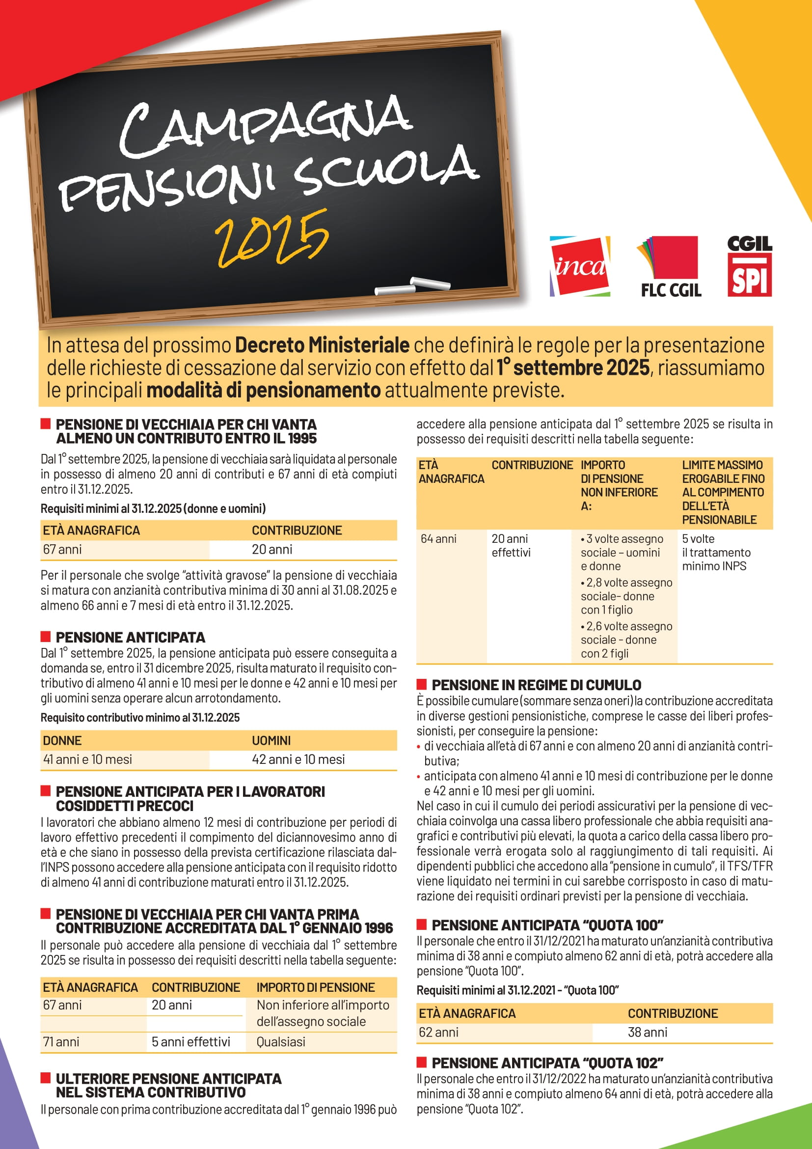 INCA FLC SPI Pensioni SCUOLA 2025 A4 volantino FRONTE