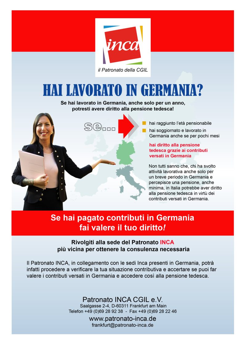 PENSIONI ESTERE: DIRITTI INESPRESSI, CI PENSA INCA GERMANIA